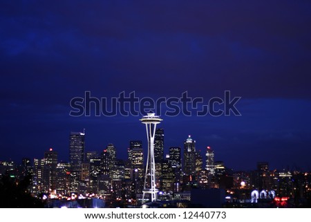 Seattle skyline at night from Queen Anne with Large Sky right after sunset