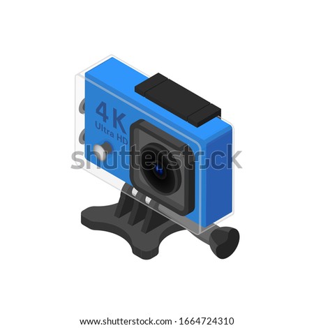 Isolated action camera icon with mount and waterproof protection on a white background. Vector isometric illustration.