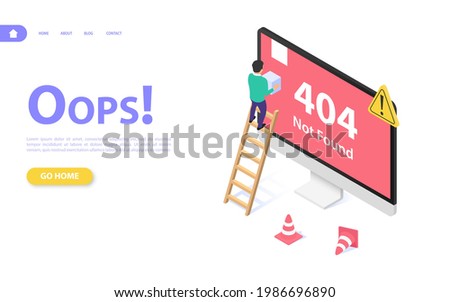 The concept of a web page with a 404 error. A man on the stairs is trying to restore a page of the site. Flat isometric vector illustration.