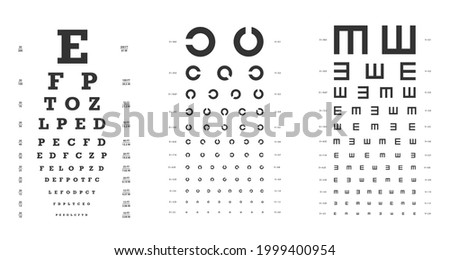 Snellen, Landoldt C, Golovin-Sivtsev's charts for vision tests. Ophthalmic test poster template. Flat vector illustration.