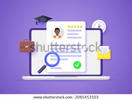 The concept of finding the best candidate for a job. The HR manager is reviewing the resume of a new employee. Vector 3D illustration.