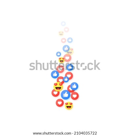 Flying red hearts, blue like and loving faces isolated on white background. A stream of symbols that gradually disappears. The concept of social networks and live broadcasts. Vector illustration.