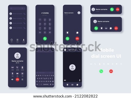 Smartphone user interface dark theme concept template. Design of contacts, dialer, call, video call, keyboard for typing messages on phone display. Vector realistic mobile mockup.
