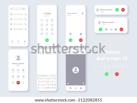 Smartphone user interface light theme concept template. Design of contacts, dialer, call, video call, keyboard for typing messages on phone display. Vector realistic mobile mockup.