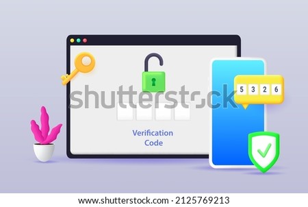 Secure password verification with two-factor authentication. SMS notification with a security code on a smartphone, 2fa, checking the entrance on the site. Vector 3d illustration.
