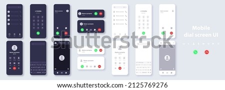 Smartphone user interface dark and light theme concept template. Design of contacts, dialer, call, video call, keyboard for typing messages on phone display. Vector realistic mobile mockup.