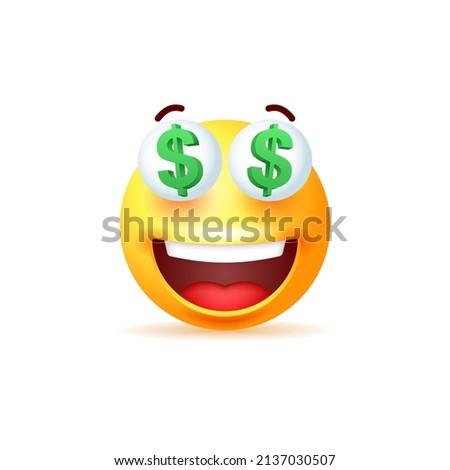 Smiling yellow emoji with dollars in the eyes isolated on white background. Vector 3d illustration.