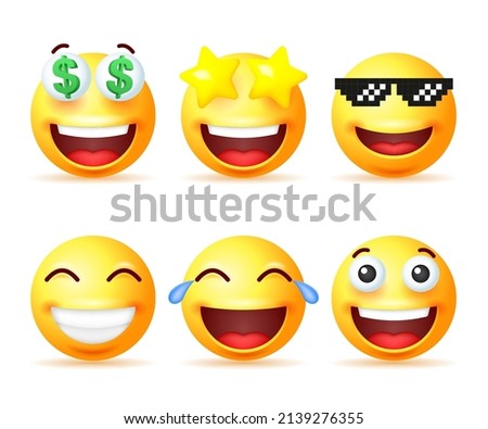 Set of smiling yellow emoji isolated on white background. Vector 3d illustration.
