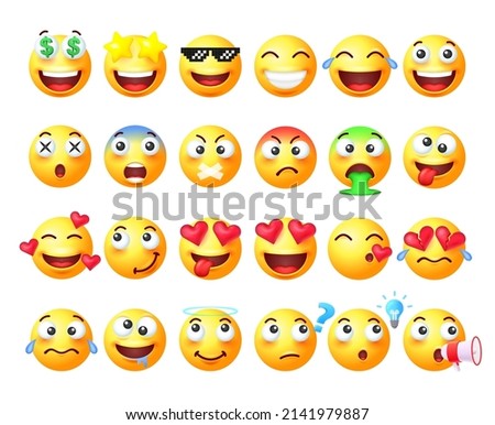 Set of different yellow emoji isolated on white background. Vector 3d illustration.