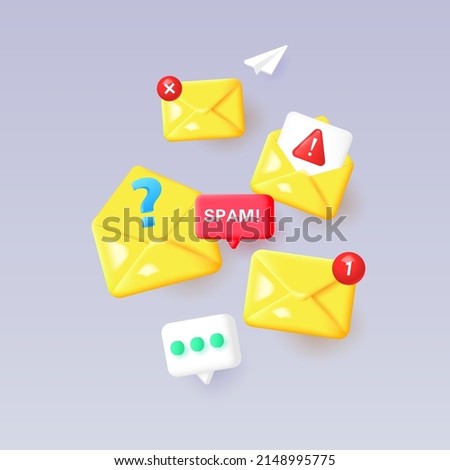 3d concept of internet spam, email hacking. Composition of spam emails. Vector realistic illustration.