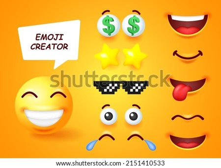 A set to create a funny 3D emoji. A collection of editable elements to create different facial expressions of an emoticon. Vector illustration.