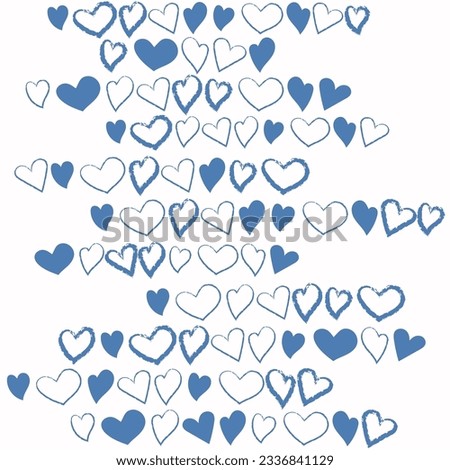 Composition of hearts in blue, imitation of an ink pen. Love code. Hearts with a blue outline and fill in a chaotic order form lines, like a written letter