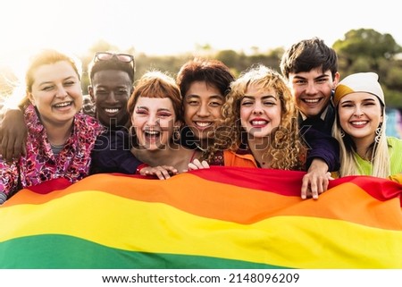 Diverse young friends celebrating gay pride festival - LGBTQ community concept  商業照片 © 