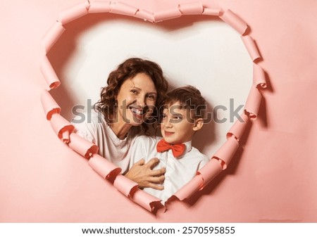 Similar – Image, Stock Photo Beautiful touching scene of mom and toddler son in blooming spring garden. Happy mother and baby boy embracing. Family, love, childhood concept.