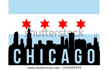 Chicago city skyline silhouette background, vector illustration and flag in background
