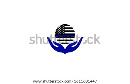 Blue line flag in round shape with caring hands in flat vector logo design