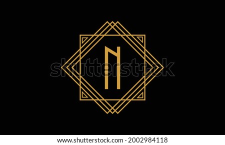 Letter N art deco   minimalstic logo in  gold color isolated in black background with square frame symbol