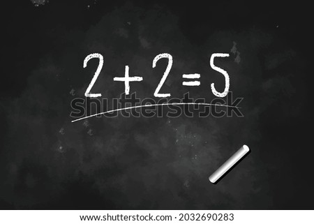 Think out of box concept with two plus two equals five written with chalk on blackboard icon logo design vector illustration symbol