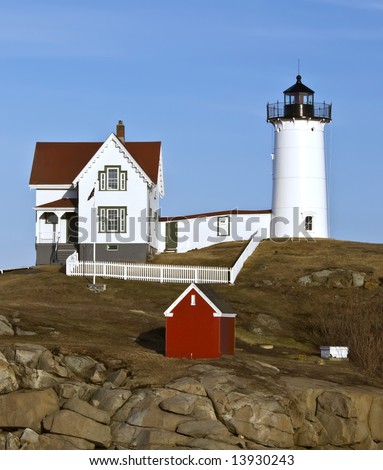 The lighthouse at York Beach, Maine is also called Nubble Light. It was built in 1879 and is the southernmost lighthouse in Maine.