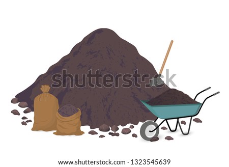 A pile of earth, a pile of soil. Shovel, bags, trolley. Vector illustration on white background.