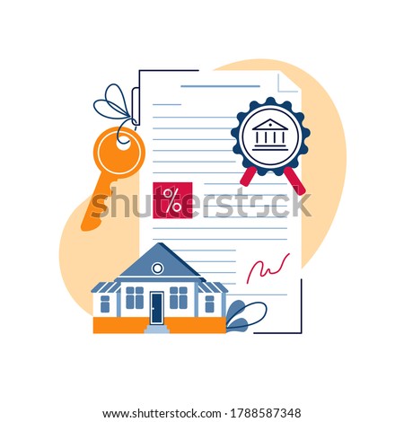Mortgage contract concept. Signed Mortgage Rate Document agreement with bank stamp and house keys. Simple illustration isolated on white background. Modern flat design with line texture, vector