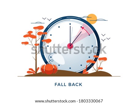 Daylight Saving Time concept. Autumn landscape with text Fall Back, the hand of the clocks turning to winter time. DST in Northern Hemisphere, USA time, vector illustration in modern flat style design