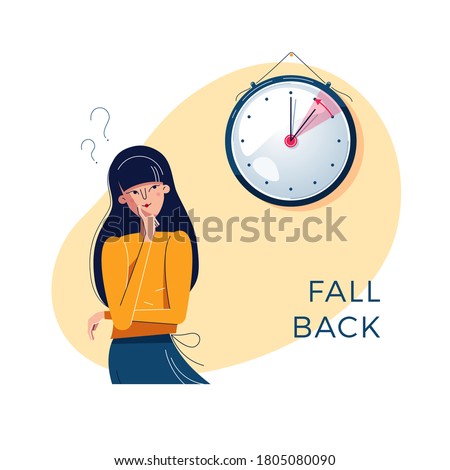Daylight Saving Time. Confused woman is looking at the clock. Winter time concept. Text fall back. The hand of clock is turning to winter time. Character vector illustration, modern flat style design