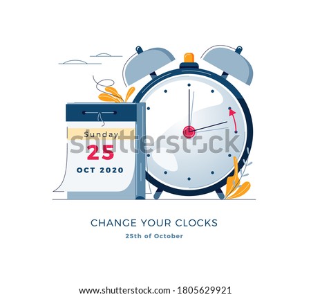 Daylight Saving Time ends concept. Calendar with marked date, text Change your clocks. The hand of the clocks turning to winter time. DST ends in Europe vector illustration, modern flat style design