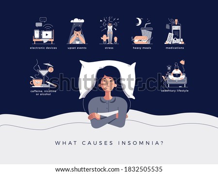 Insomnia concept vector illustration. Young woman lying in bed with open eyes. Causes of insomnia: electronic devices, cigarette, coffee, alcohol, stress, depression, sedentary lifestyle, medications