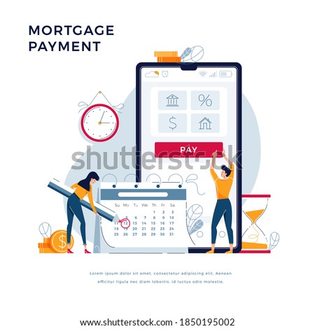 Mortgage payment online concept. Couple pay monthly interest and principal fee. Keep up for monthly regular payments vector illustration for website design. Modern flat tiny people vector illustration