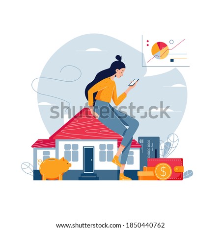 Property investment vector illustration. Woman sitting on the house, analyzes profit from real estate buying or rent. Property investment income, money, financial wealth сoncept for banner. Flat style