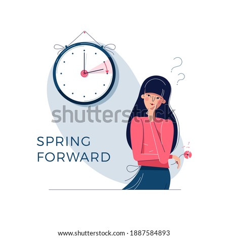 Daylight Saving Time. Confused woman is looking at the clock. Summer time concept. Text spring forward. The hand of clock is turning to summer time. Character vector illustration, modern flat design