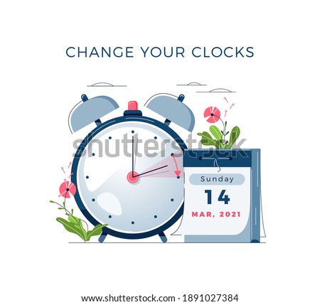 Daylight Saving Time begins concept. The clocks moves forward one hour. Calendar with marked date, text Change your clocks. DST begins in USA for banner, web, emailing. Flat design vector illustration