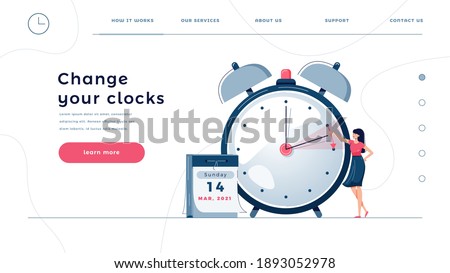 Daylight saving time homepage template. Woman sets the clocks forward by an hour, as dst time begins. Change your clocks concept for web design. People in flat cartoon style, vector illustration