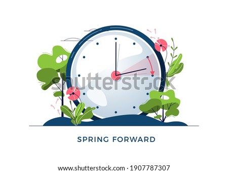 Daylight Saving Time concept. The clocks moves forward one hour. Floral landscape with text Spring Forward, the hand of the clocks turning to summer time, for website design. Flat vector illustration