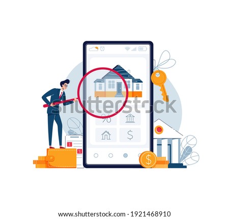 Home appraisal online vector illustration. Banker is doing property inspection of a house, holding a magnifying glass. Real estate valuation, property assessment, home value concept. Flat style