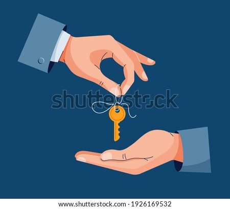 Home purchase deal vector illustration. Male hand giving house keys for property buying. Deal sale, property purchase, real estate agency, dealing house concept concept. Flat cartoon design
