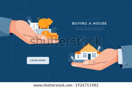 Buy a house landing page template. Seller gives house to customer. Buyer brings money for home purchase dealing. Deal sale, mortgage, real estate property . Flat vector illustration