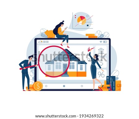 Real estate valuation vector illustration. Appraisers estimate how much is the property worth. Home appraisal, property assessment, inspection of the house concept. Flat cartoon design