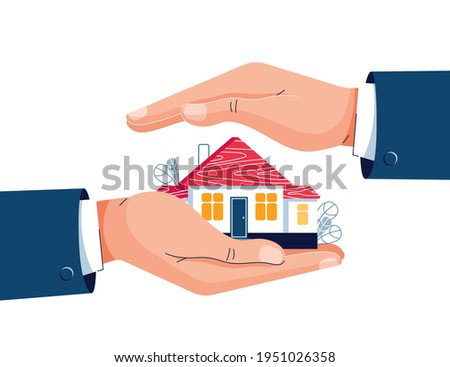 Protect your home vector illustration. Businessman's hands are covering property. Real estate, housing, mortgage insurance, house protection, home safety security concept. Flat style
