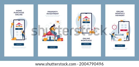 Property, mortgage concepts set. House buying online, monthly payment, real estate investment, digital mortgage. Property loan banners collection for website development. Flat vector illustration
