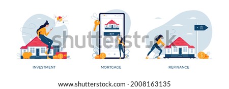 Property banners set. House-buying, mortgage refinancing, real estate investment. Invest in house, property purchase, loan refinance concepts collection for web design. Modern flat vector illustration