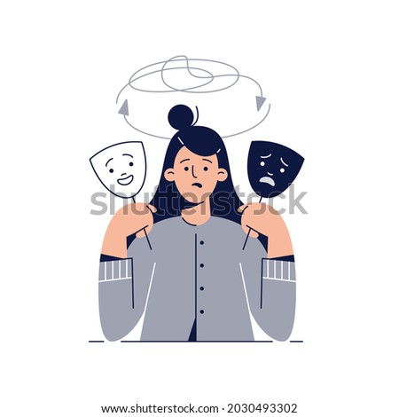 Bipolar disorder concept. Woman shows two face mask with happy and unhappy mood. Isolated on white. manic depression, bipolar illness, mental disorder for web, banner design. Flat vector illustration