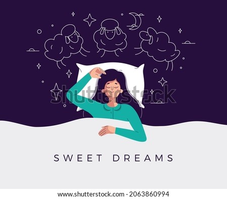Sweet dreams banner. Happy young woman is fast asleep, having a good dream. Girl is lying in the bed under soft duvet and healthy sleeping. Sleep tight, sweet dreams concept. Flat vector illustration ストックフォト © 