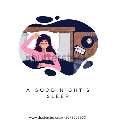 A good night's sleep banner. Young sleepy woman is fast asleep, lying in the bed under soft duvet. Sleep tight, adult napping, snoozing, slumbering, reposing, resting concept. Flat vector illustration Photo stock © 