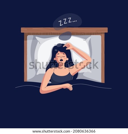 Snoring vector illustration. Woman lying in the bed, snores loudly with open mouth while deep sleep. Female person catching some zzz's. Sleep apnea, snoring, fast asleep concept for web. Flat design