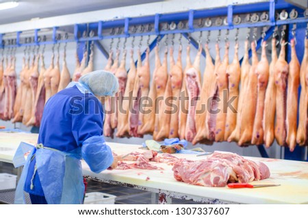 Meat deboning shop. Butcher. Butchers are cutting pork. Line of production of sausage delicacies. Сток-фото © 