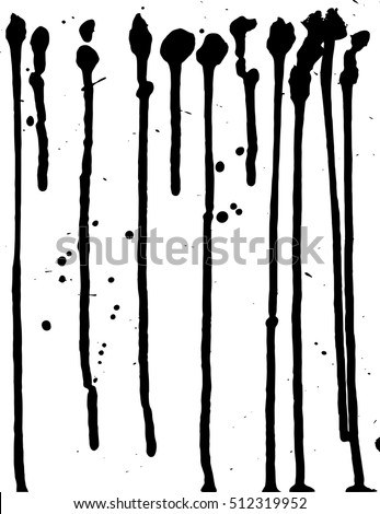 Vector drips of black ink. Vertical lines, drops and splashes. Different size.