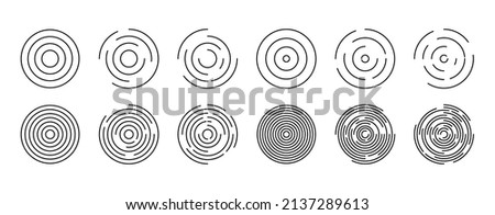 Concentric vortex circles, circular ripple lines design. Dynamic abstract black spiral. Thin radial burst background. Vector. Graphic round random swirl shapes. Arc curve whirlwind sonars. EPS10.