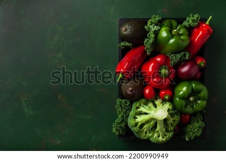 assorted red and green vegetables tomatoes, bell peppers, kale avocado Foto d'archivio © 
